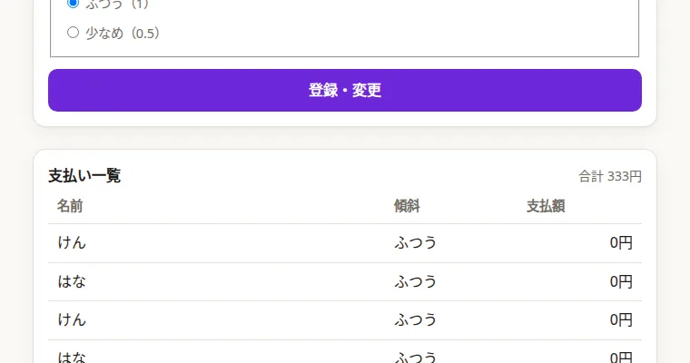 割り勘計算の画面